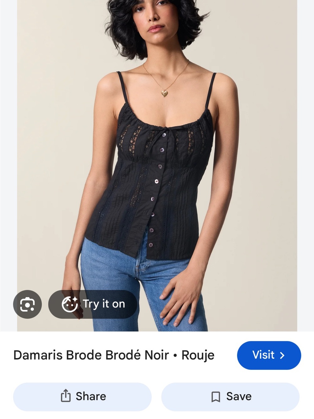 NWT Damaris Brodé Noir Lace-Trim Button-Front Cami Top - Black SZ 34